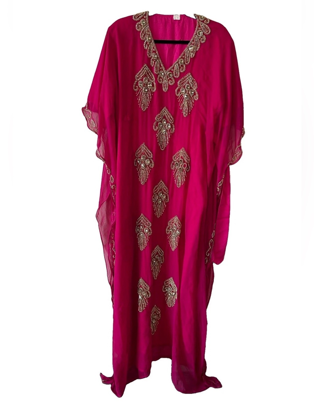 Vintage Fuchsia Beaded Caftan Maxi Dress India Rhinestone Gold Boho Full